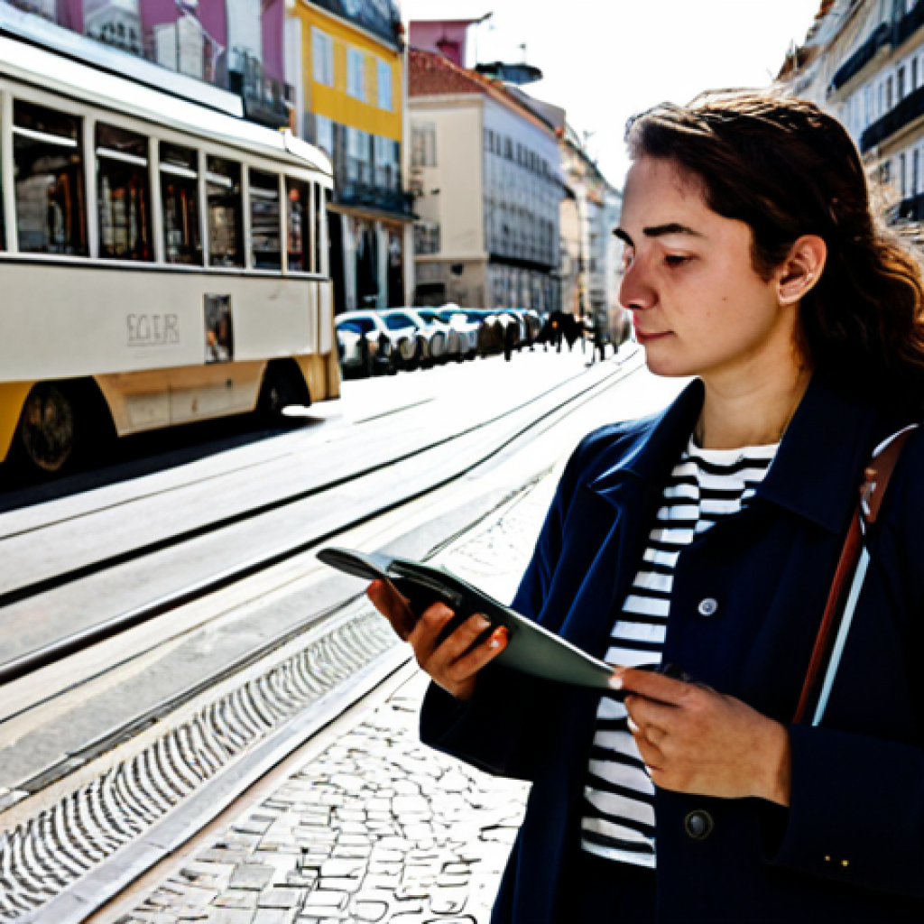 A professional composer, fully clothed in modest, contemporary street wear, stands attentively on a bustling Lisbon street. She holds a small digital recorder or a notebook, capturing the ambient sounds of the city. In the background, a historic tram (like "bonde 28") passes, its metallic wheels creating a rhythmic sound, while the distant clinking of glasses from an outdoor cafe blends with the murmur of people. The scene is bathed in natural daylight, capturing the vibrant atmosphere and subtle details. The focus is on observation and creative inspiration. Safe for work, appropriate content, fully clothed, professional dress, perfect anatomy, correct proportions, natural pose, well-formed hands, proper finger count, natural body proportions, high-quality professional photography.