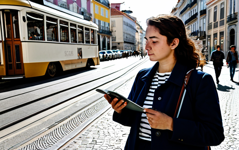 A professional composer, fully clothed in modest, contemporary street wear, stands attentively on a bustling Lisbon street. She holds a small digital recorder or a notebook, capturing the ambient sounds of the city. In the background, a historic tram (like "bonde 28") passes, its metallic wheels creating a rhythmic sound, while the distant clinking of glasses from an outdoor cafe blends with the murmur of people. The scene is bathed in natural daylight, capturing the vibrant atmosphere and subtle details. The focus is on observation and creative inspiration. Safe for work, appropriate content, fully clothed, professional dress, perfect anatomy, correct proportions, natural pose, well-formed hands, proper finger count, natural body proportions, high-quality professional photography.