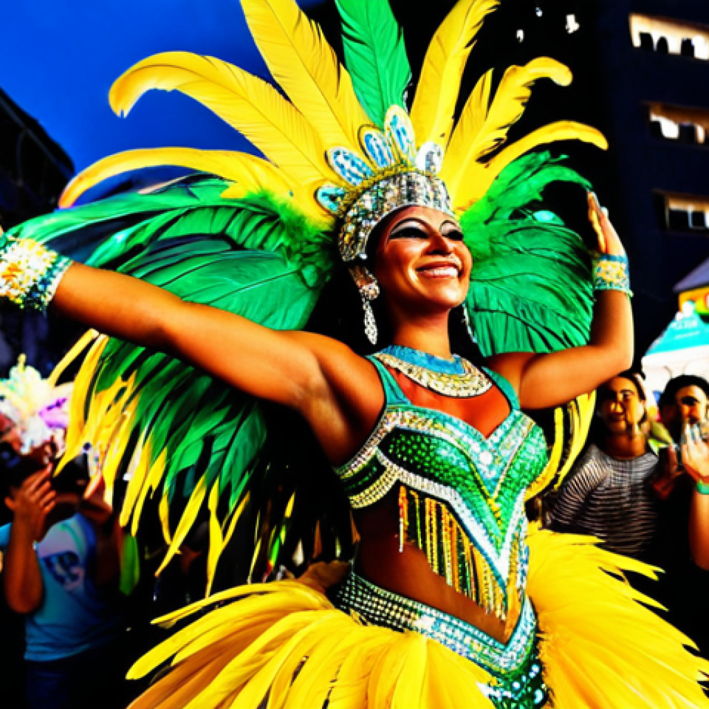 작곡가 커리어 변화 관리 - "Alegria do Carnaval"**
A vibrant carnival scene in Rio de Janeiro. A fully clothed samba dancer in...