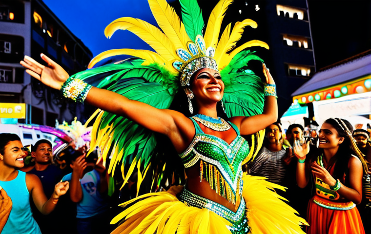작곡가 커리어 변화 관리 - "Alegria do Carnaval"**
A vibrant carnival scene in Rio de Janeiro. A fully clothed samba dancer in...