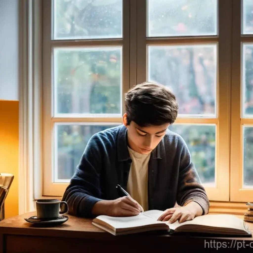 작곡가 업무일기 작성법 - **Prompt:** A serene and focused young composer, dressed in comfortable, fully covering casual wear,...