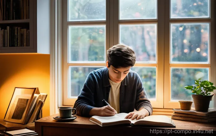 작곡가 업무일기 작성법 - **Prompt:** A serene and focused young composer, dressed in comfortable, fully covering casual wear,...