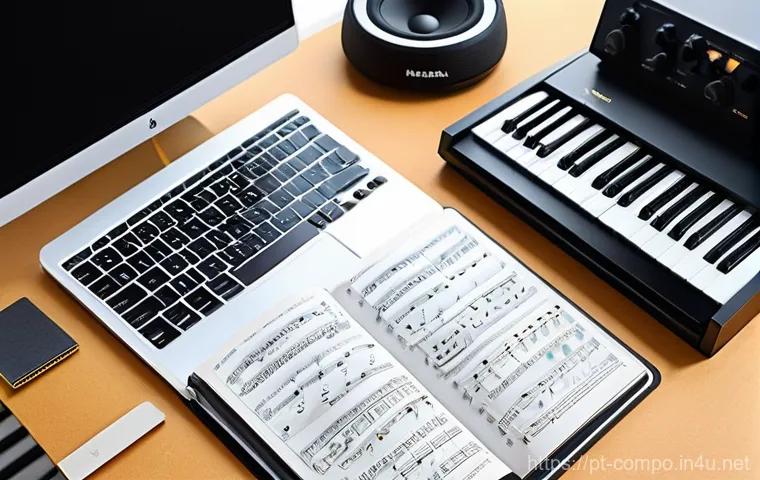 작곡가 업무일기 작성법 - **Prompt:** A modern composer, appearing to be in their late twenties and dressed in stylish yet mod...