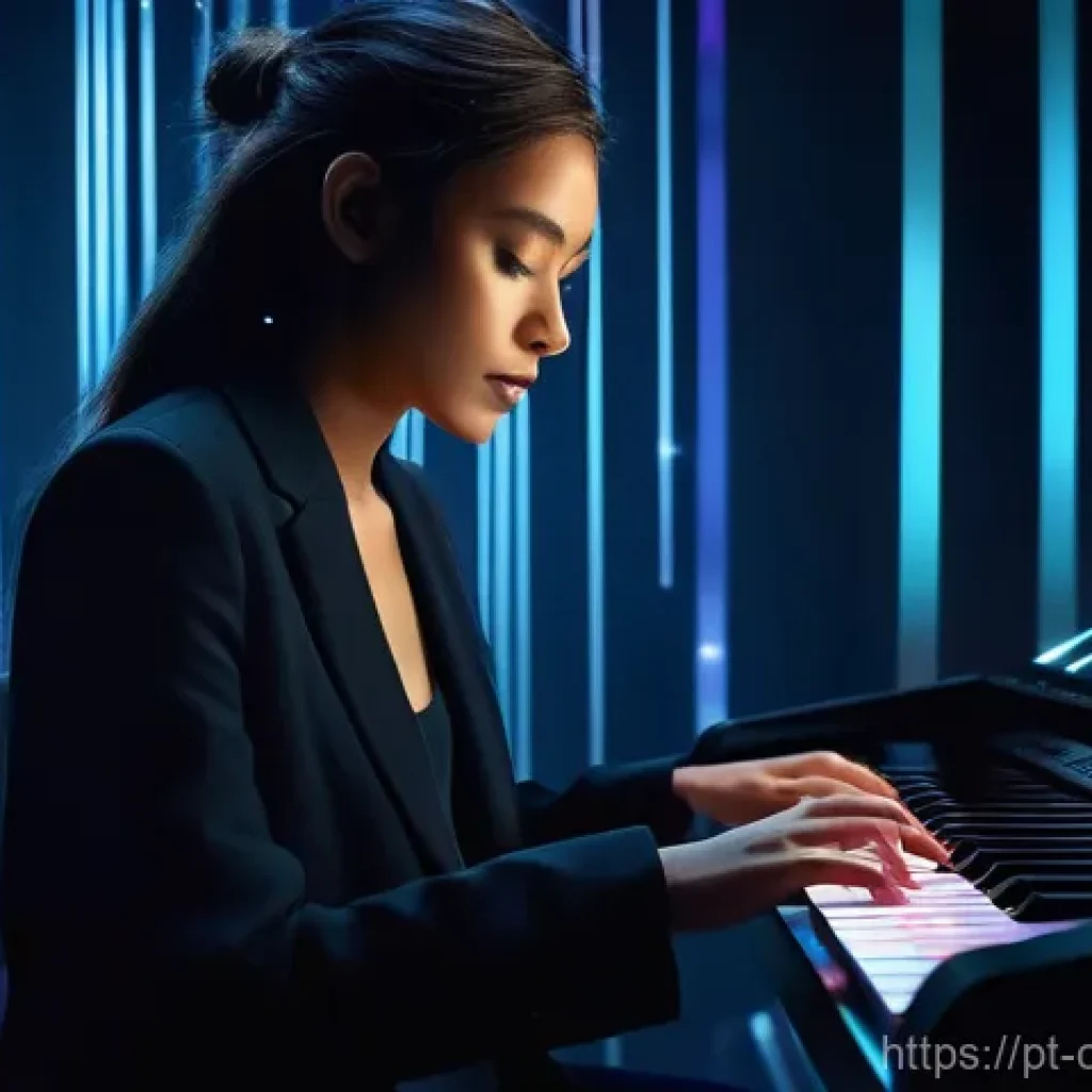 작곡가의 작품 평가 기준 - A contemporary female composer, in her late 20s, with a focused expression, is passionately playing ...