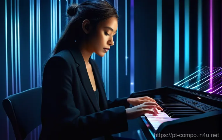 작곡가의 작품 평가 기준 - A contemporary female composer, in her late 20s, with a focused expression, is passionately playing ...