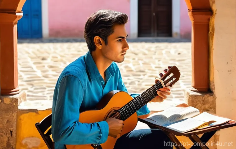 작곡가의 문화적 배경과 창작 - **A Composer's Reflective Moment in a Portuguese Courtyard:**
A sensitive composer, a young adul...
