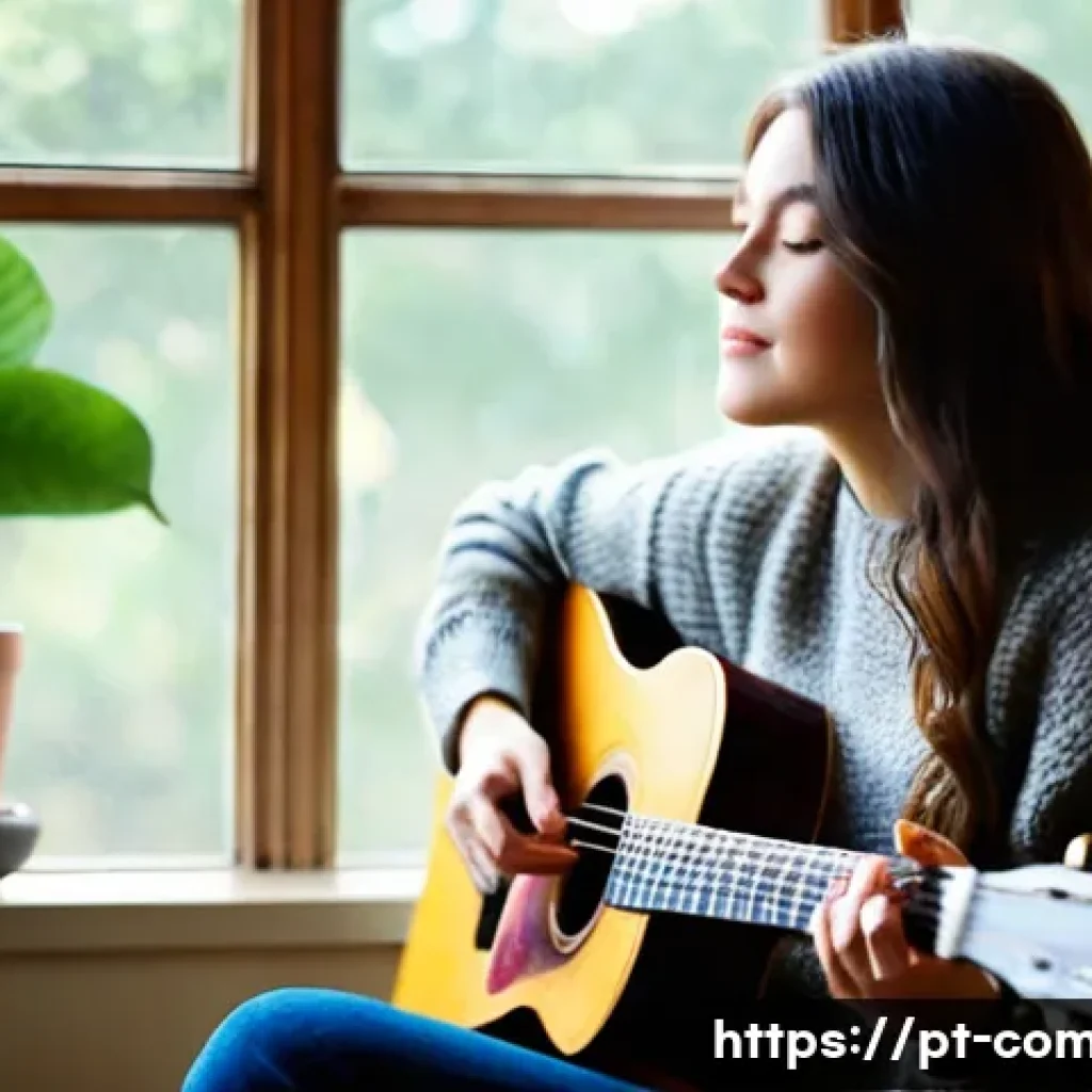 작곡가로서의 창작과정에서의 어려움 - **Prompt:** A young, female composer, in her early twenties, with long wavy hair, is seated comforta...