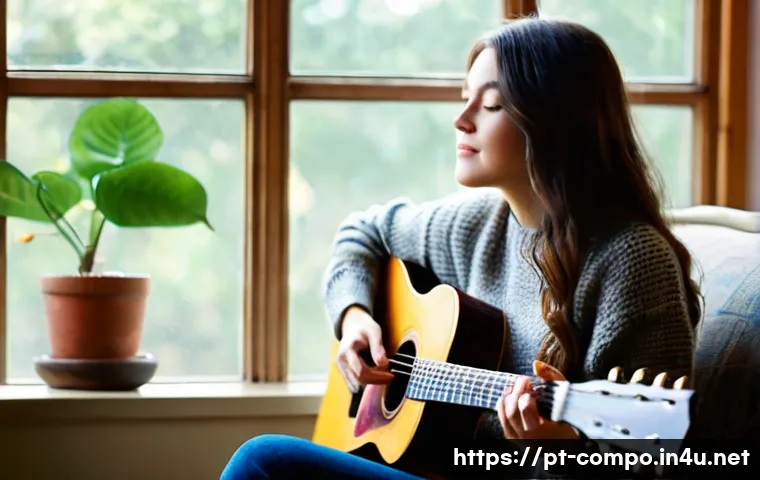 작곡가로서의 창작과정에서의 어려움 - **Prompt:** A young, female composer, in her early twenties, with long wavy hair, is seated comforta...
