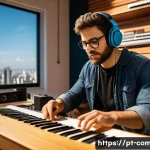 작곡가의 음악적 접근법 - A serene music composer in a cozy, modern Brazilian studio surrounded by advanced digital audio work...