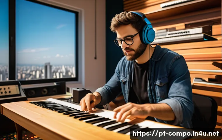 작곡가의 음악적 접근법 - A serene music composer in a cozy, modern Brazilian studio surrounded by advanced digital audio work...