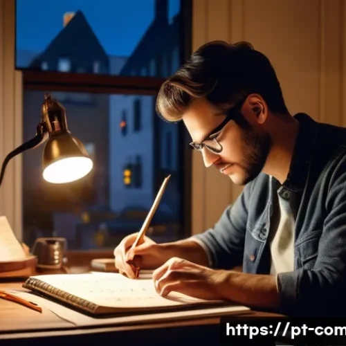 작곡가의 창작 경험 공유 - A creative composer sitting in a cozy, warmly lit room filled with musical instruments like a piano ...