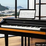작곡가가 되기 위한 필수 과목 - A detailed digital painting of a modern music composer&rsquo;s workspace in a cozy Brazilian home studio, ...