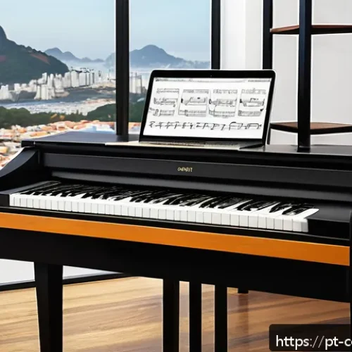작곡가가 되기 위한 필수 과목 - A detailed digital painting of a modern music composer&rsquo;s workspace in a cozy Brazilian home studio, ...