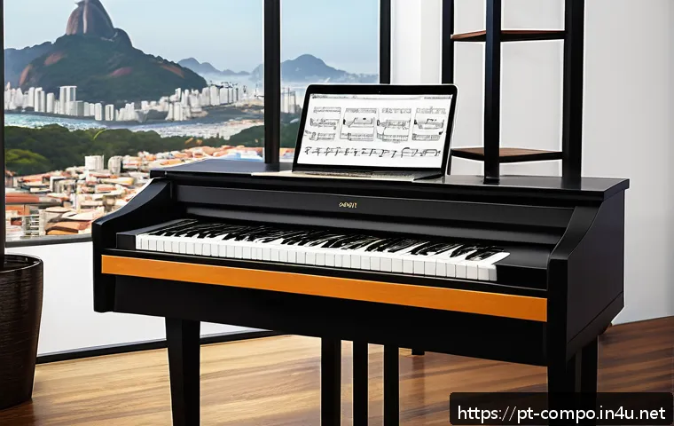 작곡가가 되기 위한 필수 과목 - A detailed digital painting of a modern music composer&rsquo;s workspace in a cozy Brazilian home studio, ...