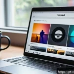 작곡가 이직 시 포트폴리오 중요성 - A modern, sleek digital music portfolio interface displayed on a laptop screen, featuring a clean, m...