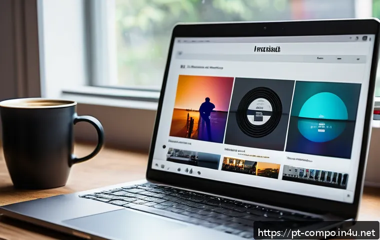 작곡가 이직 시 포트폴리오 중요성 - A modern, sleek digital music portfolio interface displayed on a laptop screen, featuring a clean, m...
