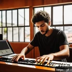 작곡가의 전반적인 경력 방향 설정 - A modern music composer studio scene in Brazil, featuring a young Brazilian musician experimenting w...