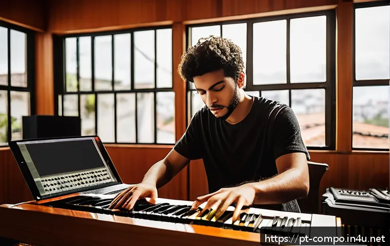 작곡가의 전반적인 경력 방향 설정 - A modern music composer studio scene in Brazil, featuring a young Brazilian musician experimenting w...