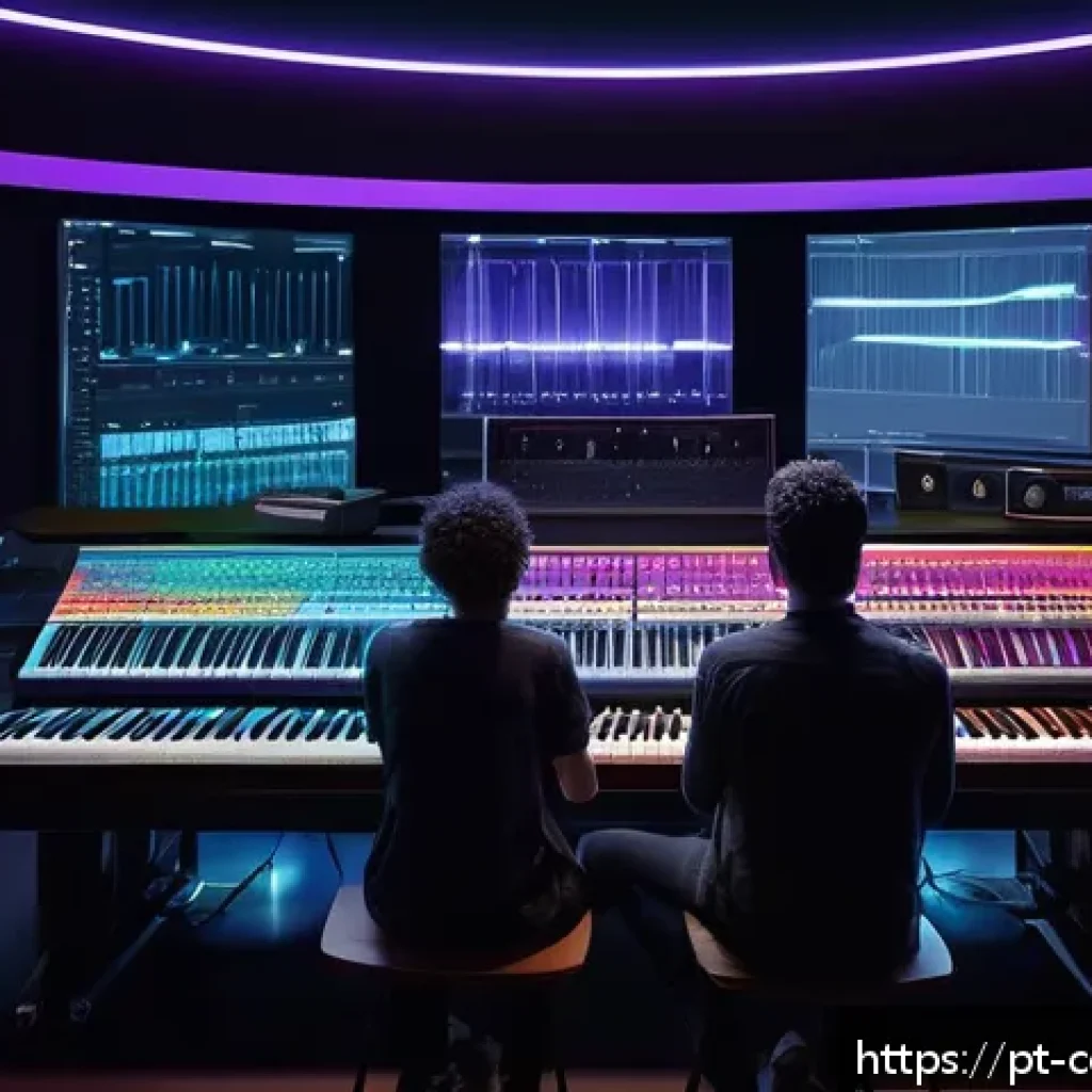 작곡가의 음악적 혁신 추구 - A futuristic music studio scene showcasing a diverse group of musicians collaborating with advanced ...