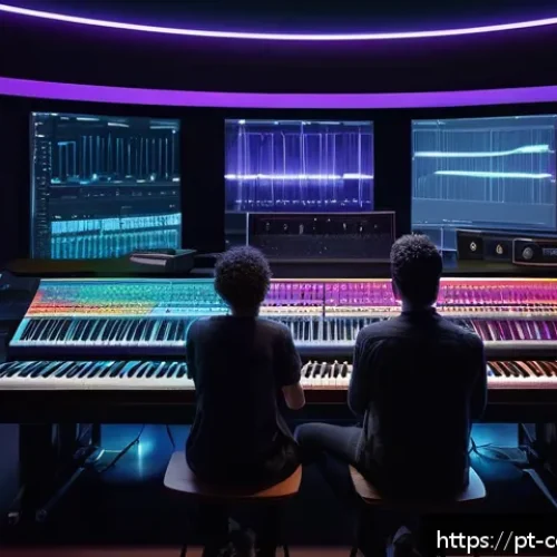 작곡가의 음악적 혁신 추구 - A futuristic music studio scene showcasing a diverse group of musicians collaborating with advanced ...