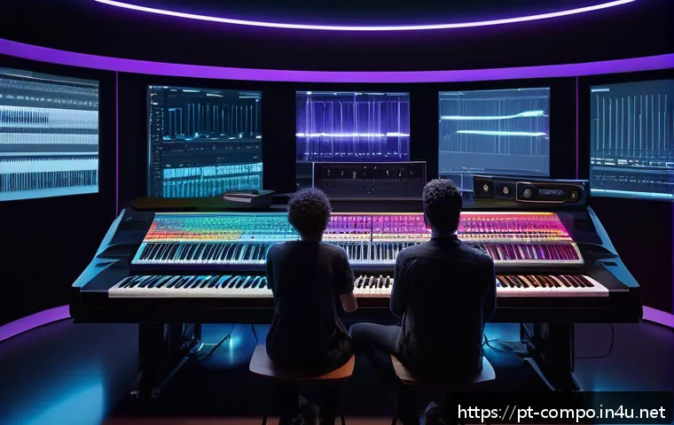 작곡가의 음악적 혁신 추구 - A futuristic music studio scene showcasing a diverse group of musicians collaborating with advanced ...