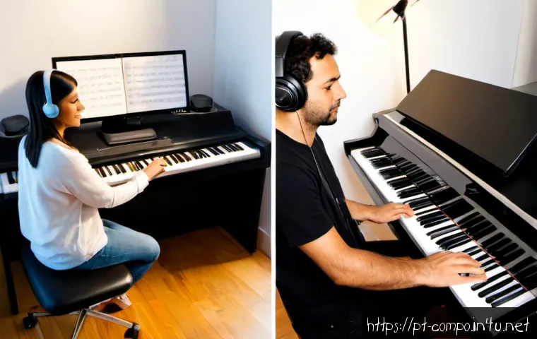 작곡가 실무 및 이론의 차이 - Photorealistic split-scene composition showing the difference between music composition theory and p...