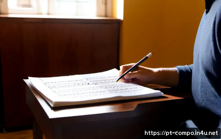 Home 17 작곡가의 음악 이론 강화 - Photorealistic composer at a tidy wooden desk in a sunlit Lisbon apartment, studying handwritten mus...