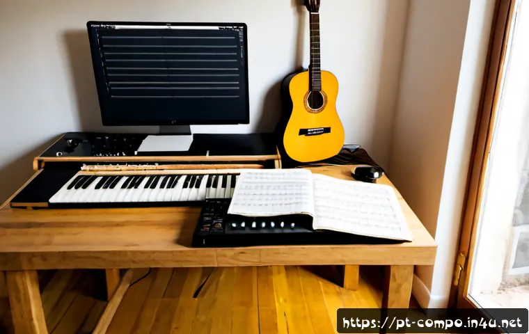 작곡가의 작곡 환경 변화 - Photorealistic split-era composer workspace in a warm Lisbon apartment, an older wooden desk with ha...